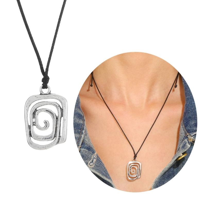 Grunge Syle Choker Necklace Handcrafted Swirl Pendant Neckchain Adjustable PU Leather Cord Clavicle Chain Ornament