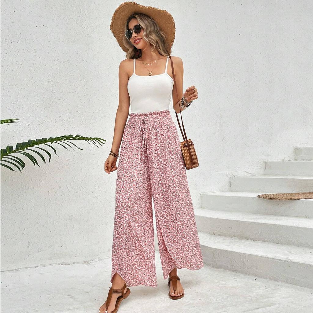 Women's Palazzo Pants Floral Wide Leg Trousers Summer Beach High Pants