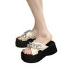 Rhinestone one-word slippers for women's summer wear 2025 new small man height increase thick bottom fashion beach cool slippers for women
