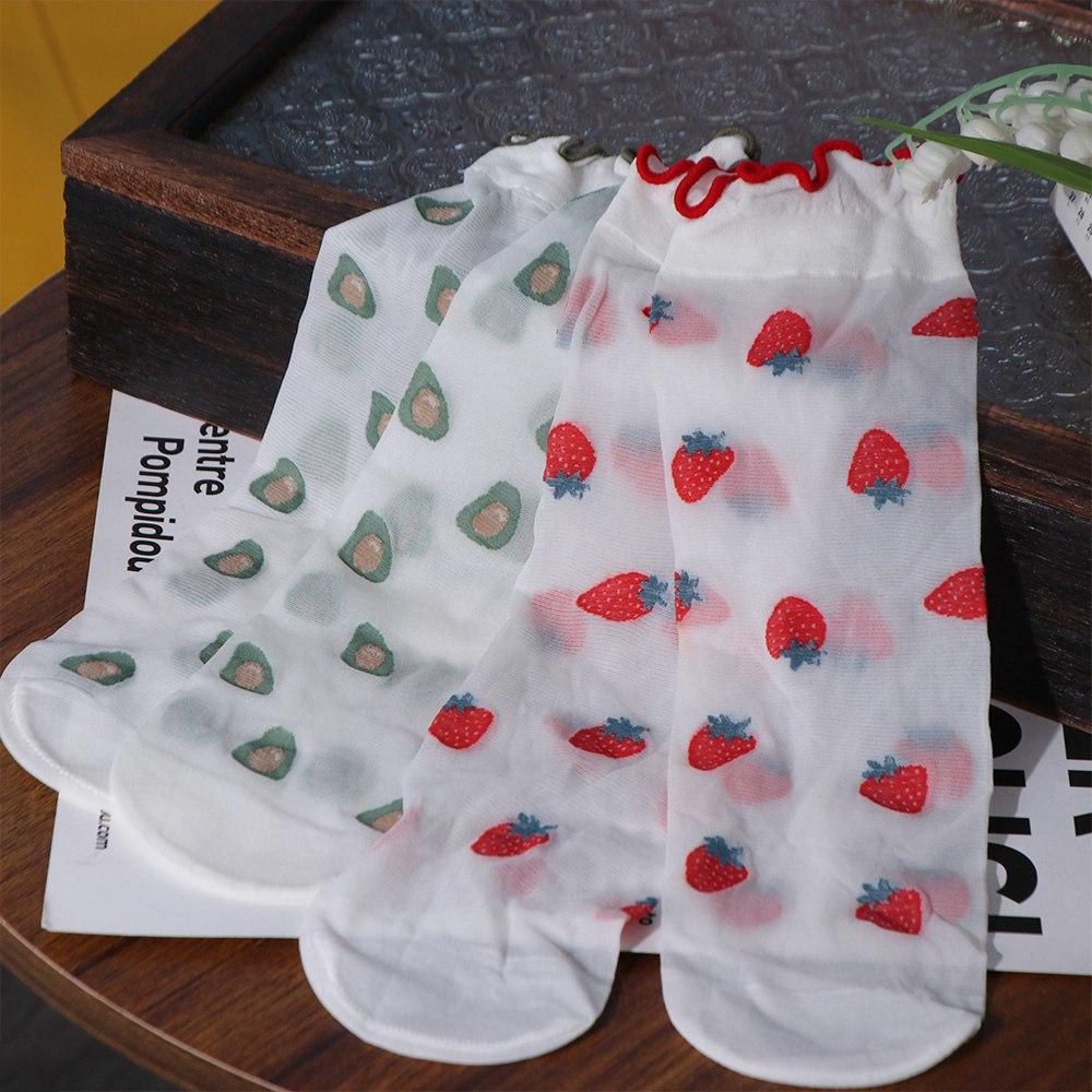 Peach Transparent Flower Ruffle Socks Avocado Fruit Mesh Tulle Mid Tube Socks Lady