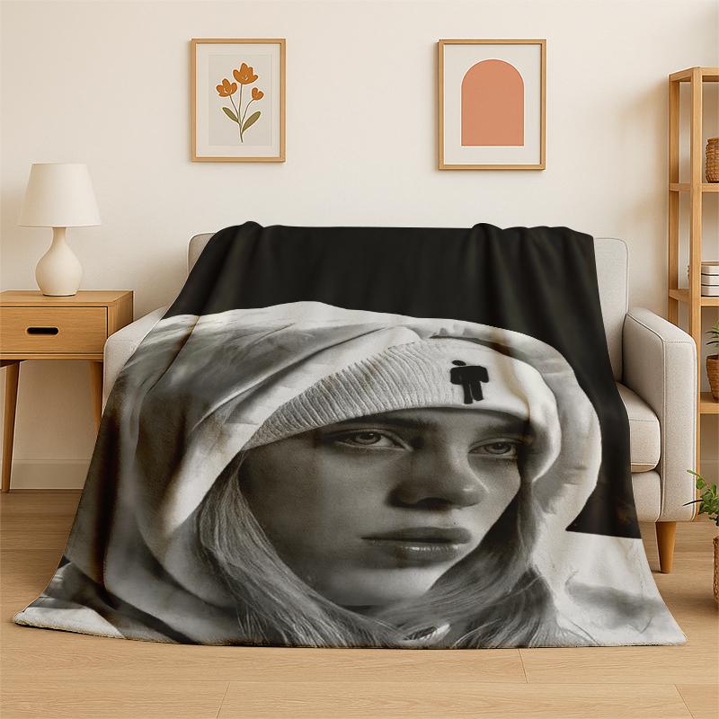 3D Billie Eilish Singer Star Flannel Blanket Soft Warm Throw Blanket for Bedroom Living Room Bed Travel Camping Picnic Gift