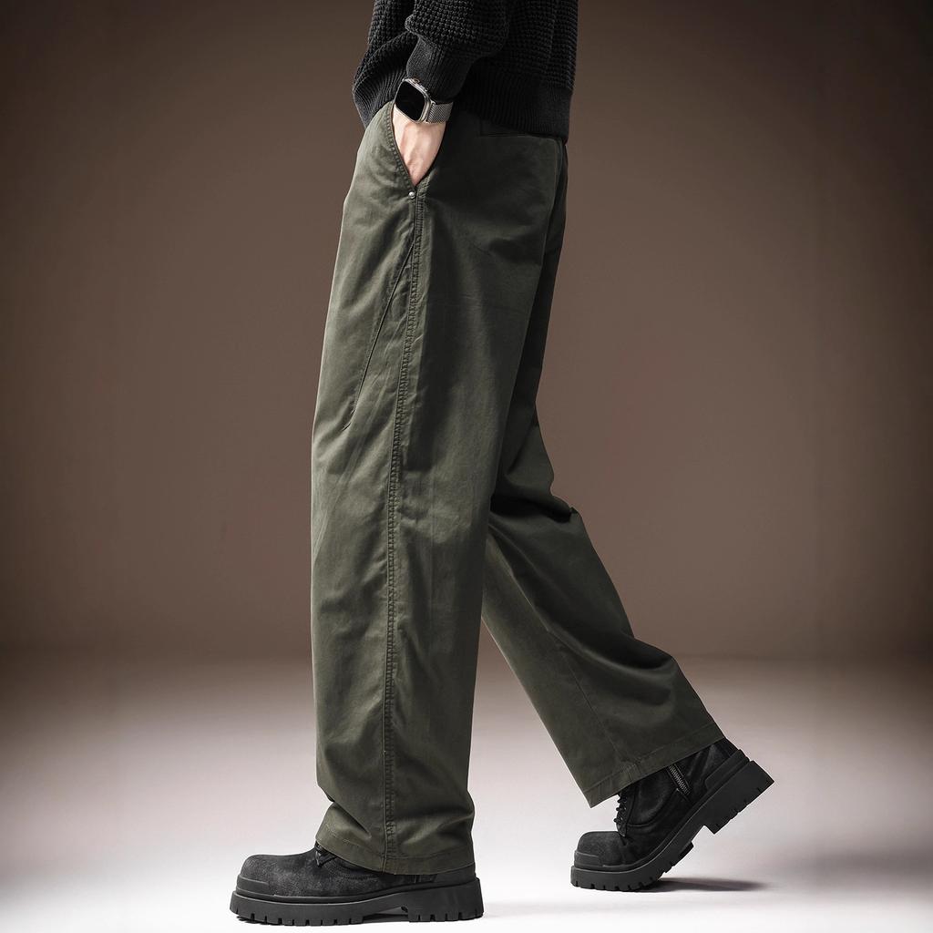 High-end Japanese retro pure cotton men's casual pants autumn new solid color simple loose straight wide-leg trousers men