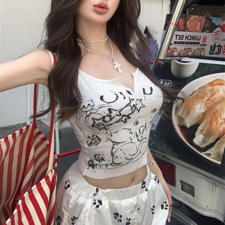Sexy Women Tees Sleeveless Printed Retro Tops For Girls Y2K T-shirts Tank Tops For Lady Fashion Party Wear