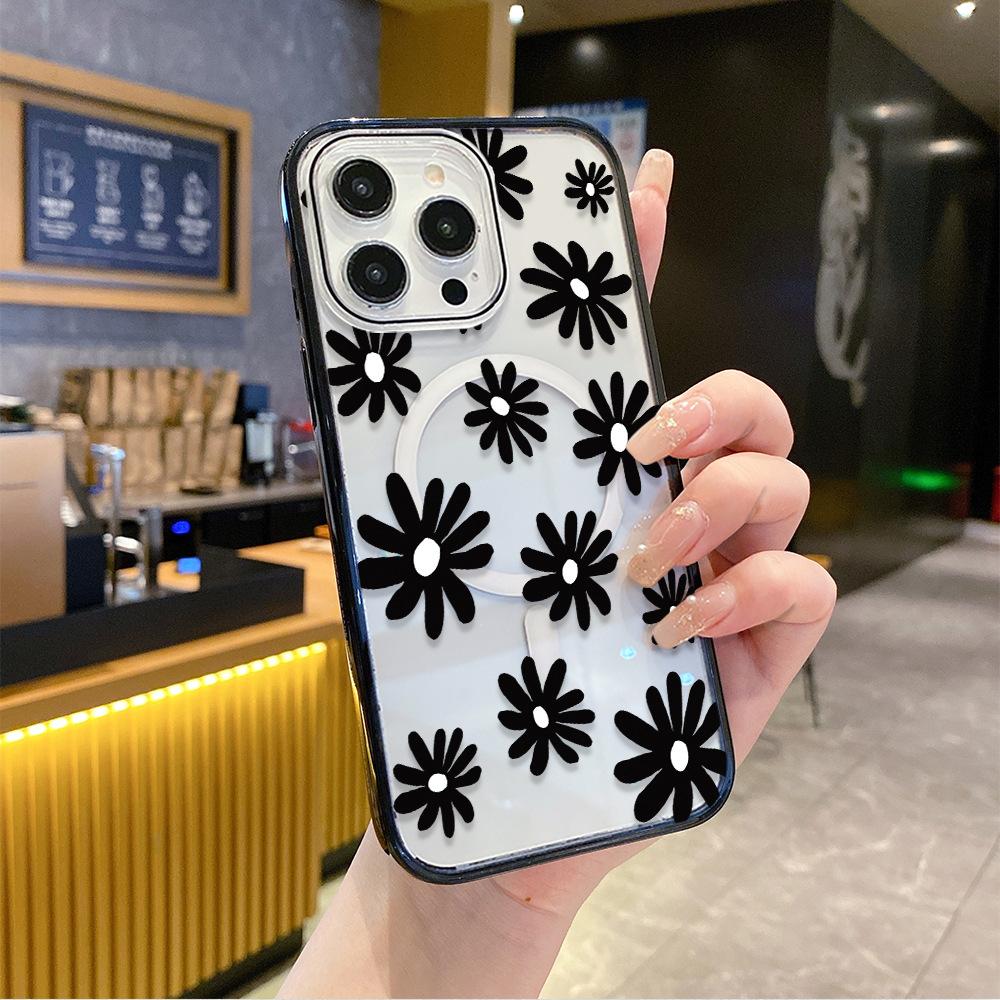 Black Flower Thin Circle Acrylic Magnetic Mobile Phone Case Is Suitable for Iphone15 Simple Apple 17promax Hard Case