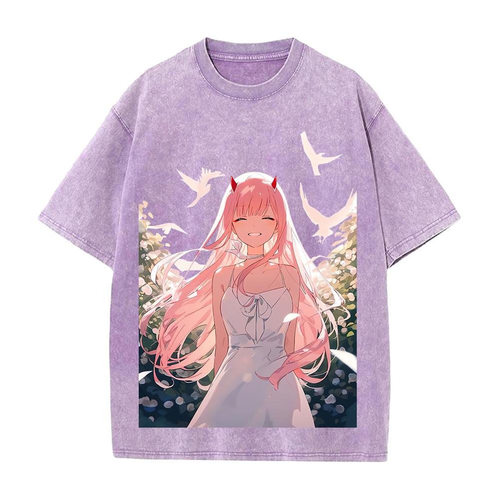 DARLING in the FRANXX Zero Two Printed Tee Men Women Short Sleeve Cotton Tshirts Vintage Washed T-shirt Oversized Streetwear