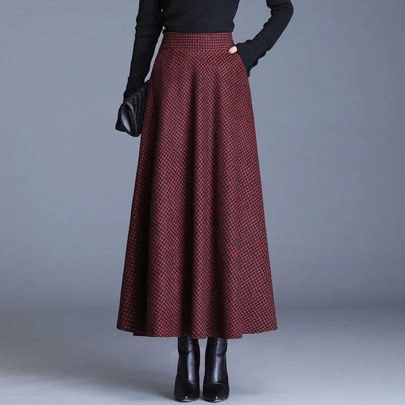 Automne Hiver Femmes Jupes Carreaux Vintage Femmes Taille Haute Chaud A-Line Jupe Plissée Bureau Élégant Jupe Maxi Femme