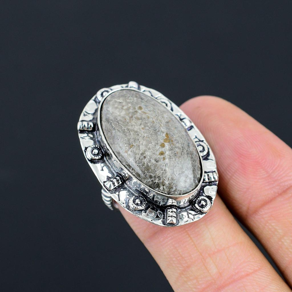 925 Sterling Silver Natural Stingray Coral Wife Multi Stone Ring Jewelry US 7.5