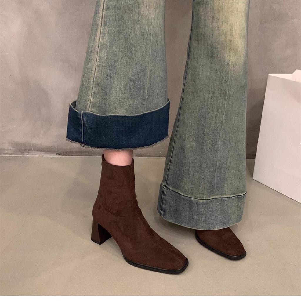 2025 Korean Style Suede Ankle Boots: Women's High Heel, Square Toe, Velvet Lined, Autumn/Winter Slimming Martin Boots