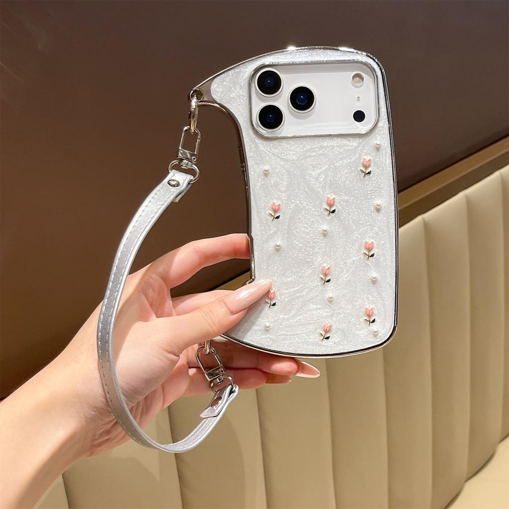 Elegant Pink Rose Pearl Shoulder Phone Case for iPhone 12-17 Series — Adjustable Strap, Mirror Metallic Frame