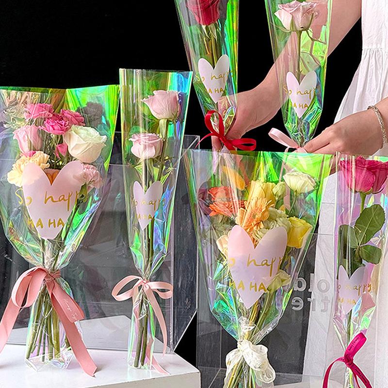 30PCS Love Heart Iridescent Single Rose Sleeves DIY Transparent Flower Wrapping Bag Floral Material Packaging Waterproof