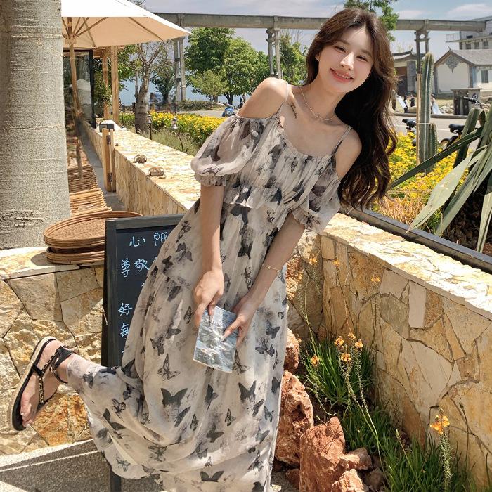 Beautiful one-word shoulder dress for women s summer new seaside vacation wear with off-the-shoulder floral chiffon suspender dress S