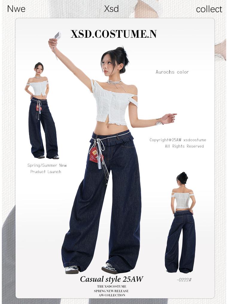 Women's Spliced Double Waistband Curved Leg Jeans - American Design, Loose Fit, Slimming, Wide Leg, for Spring & Autumn 2025