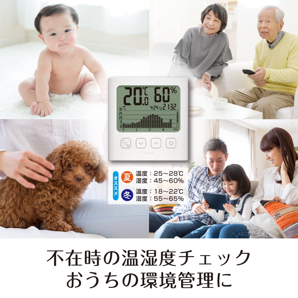 Tanita WH Digital with Graph for Easy Temperature and Humidity White TT-580 Thermometer/Hygrometer Monitoring, Clock/Calendar Function,