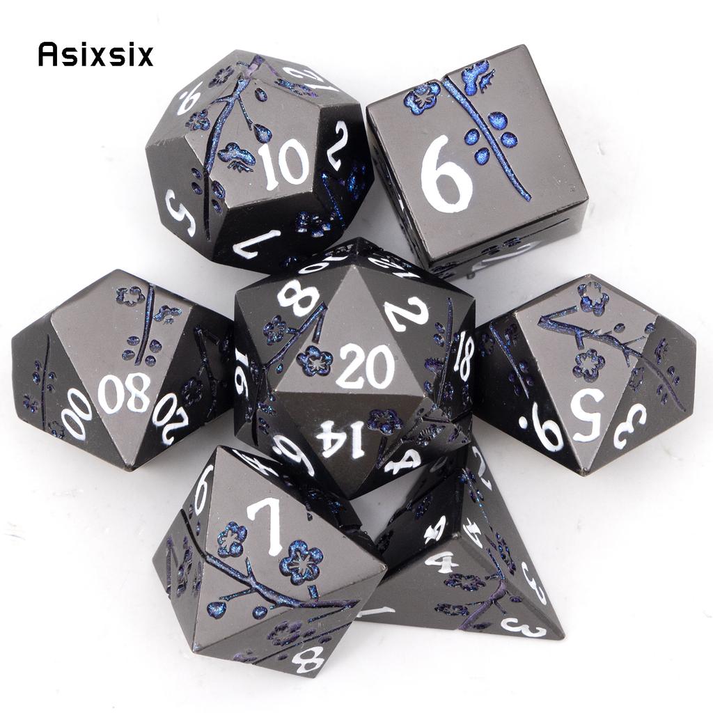 7 Pcs Black Flower Metal Dice Solid Metal Polyhedral Dice Set Suitable for Role-Playing RPG Board Game Card Game