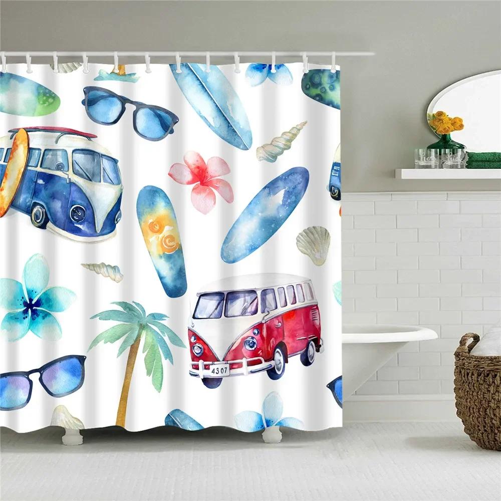 Waterproof Conch Starfish Blue Sea Beach Printing Bathroom Shower Curtains English Letter Bath Screen Door Curtain With Hooks