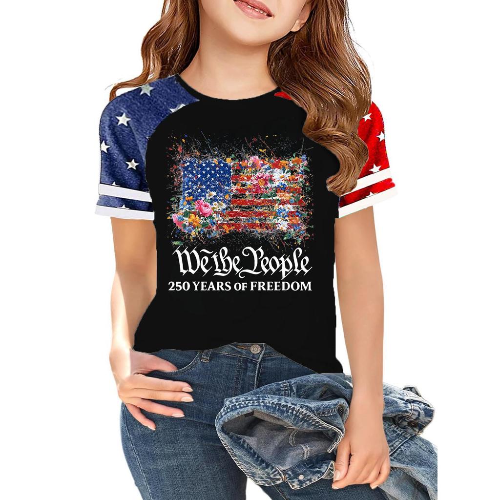 Kids Independence Day Graphic T Shirt Short Sleeve Casual Tee USA Patriotic Print Crew Neck Top for Boys Girls