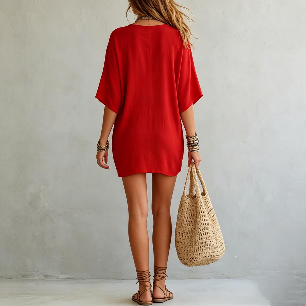 Women V Neck Loose Fit Short Sleeve T Shirt Dress Summer Casual Beachwear Vacation Tunic Lightweight Relaxed Style Dress