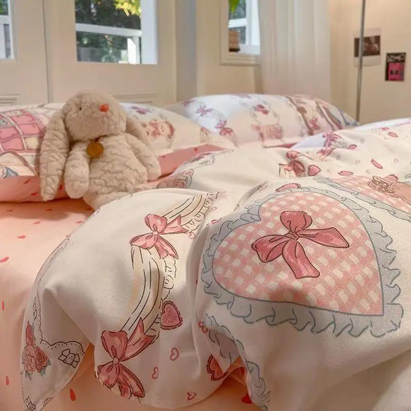 

Ins Princess Pink Heart Duvet Cover Set Pillowcase Bed Sheet Kids Girls Bedding Set Queen Twin Cute Kawaii Quilt Cover No Filler Flat Bed Sheet&Twin150x200 3pcs