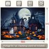 1pc Terrifying Halloween Polyester Banner - Wizard House, Ghosts, Pumpkins and Moonlit Cemetery Scenes.PMJ