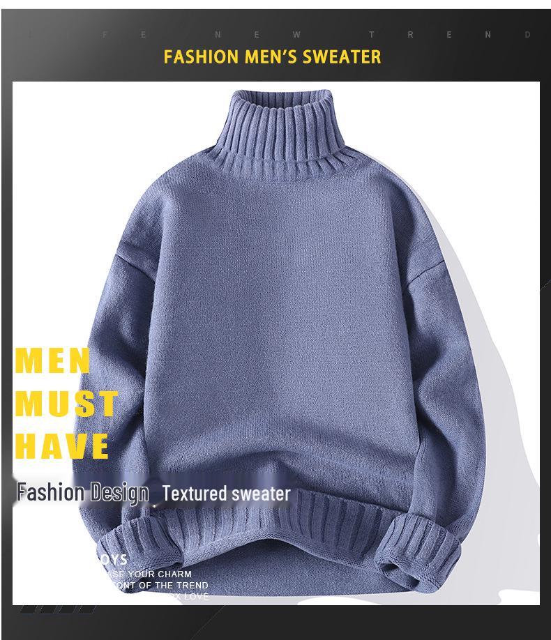 Men's High Neck Solid Color Sweater - Thick, Trendy, and Versatile Knitwear