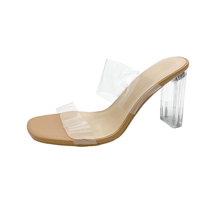 Transparent high heels women's sandals summer new square head crystal thick heel with fashion large size cool slippers outside