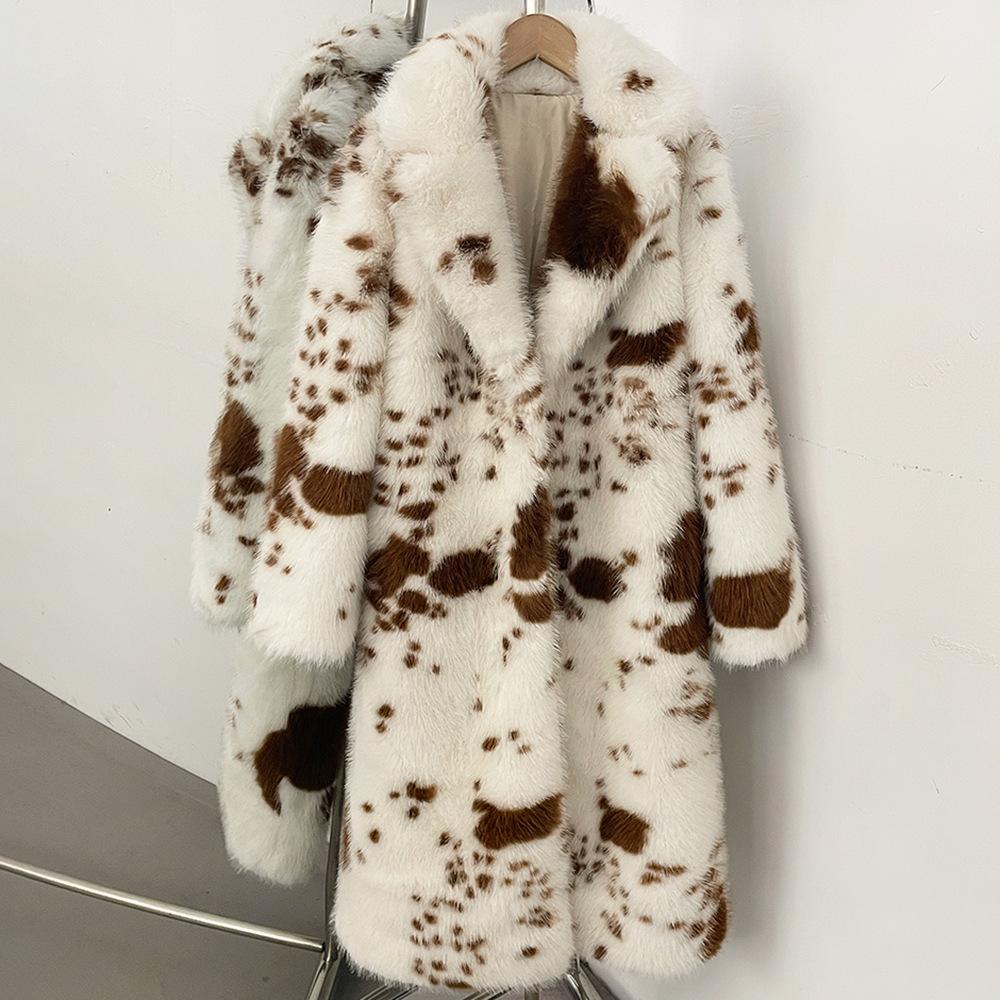 Autumn and winter new cow pattern imitation fur coat women's European and American style extended thickened warm and environmentally friendly fur coat
