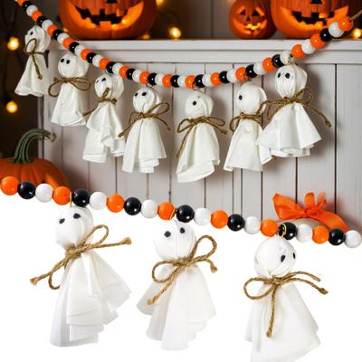 Girlanda Halloweenowy Duch 7,2 stopy z drewnianymi koralikami Ręcznie robiony Rustykalny Biały Wystrój Ducha Vintage Baner Farmhouse na Halloween Wystrój Kominka Wewnątrz i na Zewnątrz