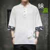 Warmcool Summer Linen Short Japanese Plus Sizes Loose Solid Top Men's T-Shirt, Sleeve, Cotton-Linen, Style, Embroidered, Cooling, 3/4 Sleeve,