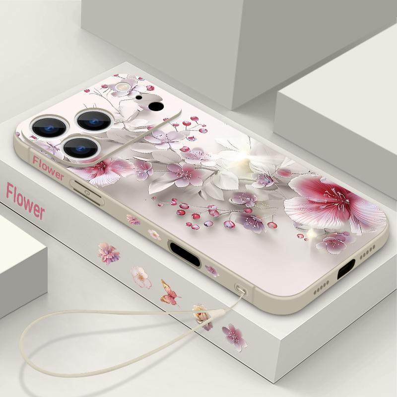 Pink White Flower Pattern Lanyard Case For iPhone 17 Pro Max Soft Silicone Cover For iPhone 16 Pro Max Funda iPhone 15 14 13 12 11 16E Air