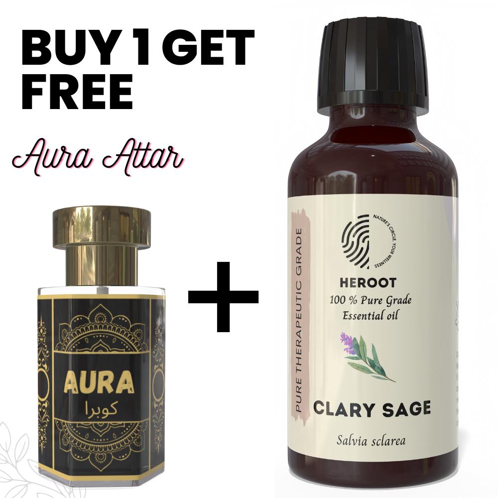 Clary Sage Essential Oil 10ml for Aromatherapy & Home Fragrance get 1 Free 6 ml Attar – Aqua AQ, Dubai Oud, Aura, White Oud