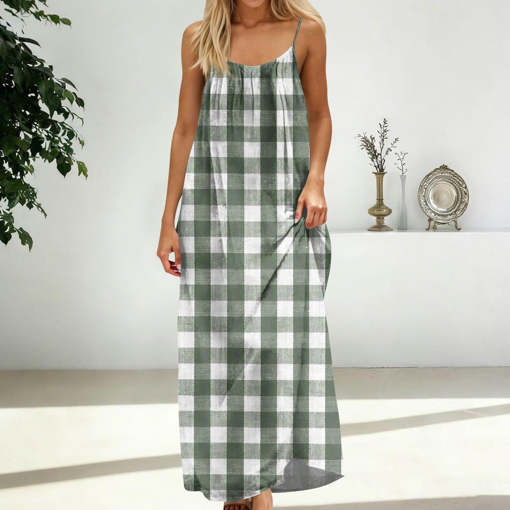 Women's Fashion Backless Spaghetti Strap Casual Loose-Fit Plaid Print Dress