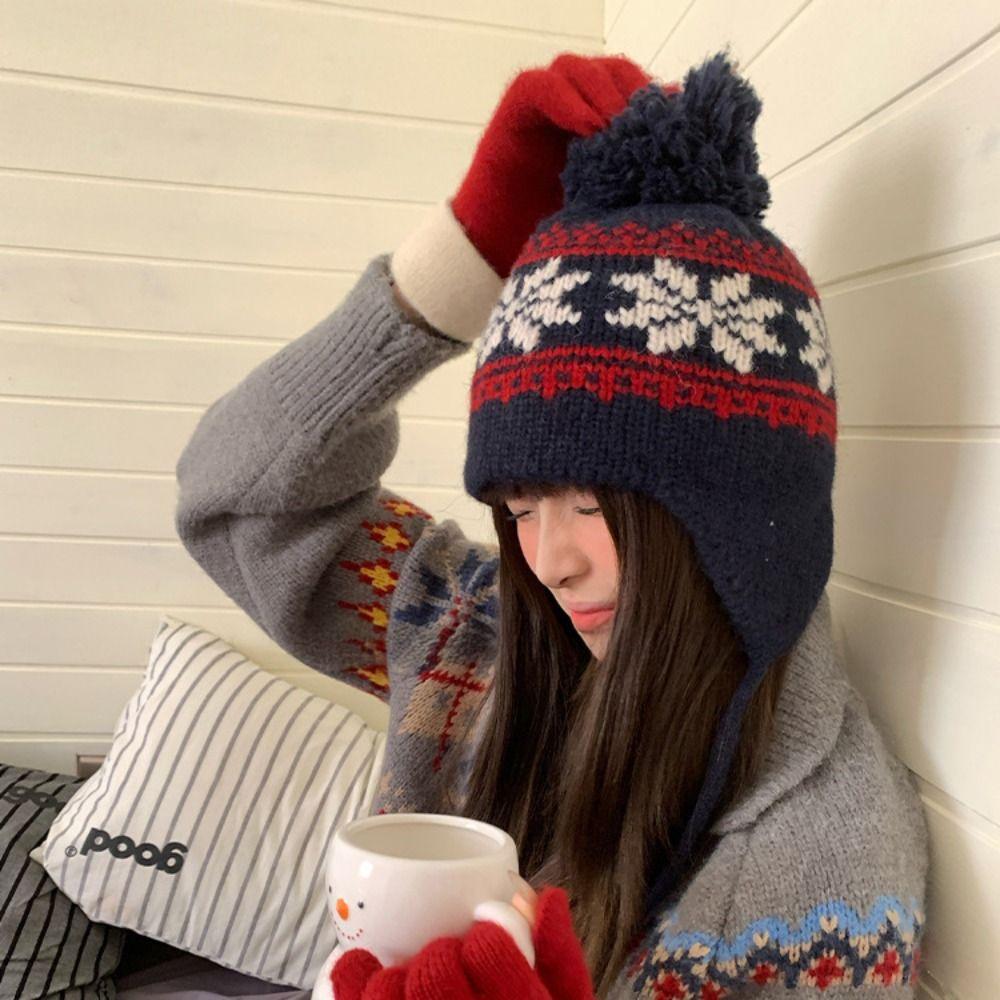 Warm Knitted Pullover Hat Korean Style Beanies Cap Sweet Jacquard Woolen Hat Autumn