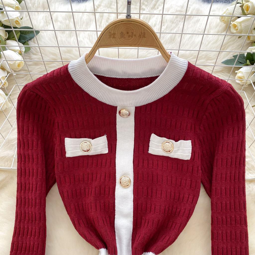 Winter Senior Retro Knitting Dress O Neck Buttons Design France Elegant Skinny Chic Female Autumn Casual Sweater Midi Dress