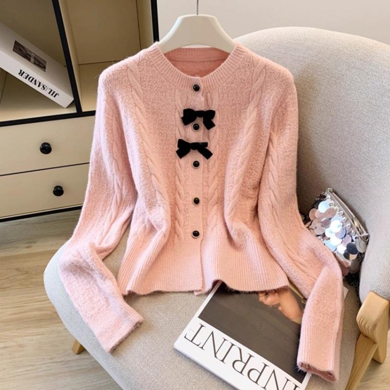 Solid Color Knitted Cardigan for Women in Autumn and Winter New Style with Bow Tie and Twist Sweater Jacket