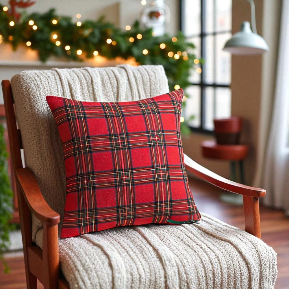 1pc Autumn Christmas Plaid Pillow Covers, Red Checkered Print Decor, Ideal Festive Gift for Home Sofa & Christmas-Themed Decor