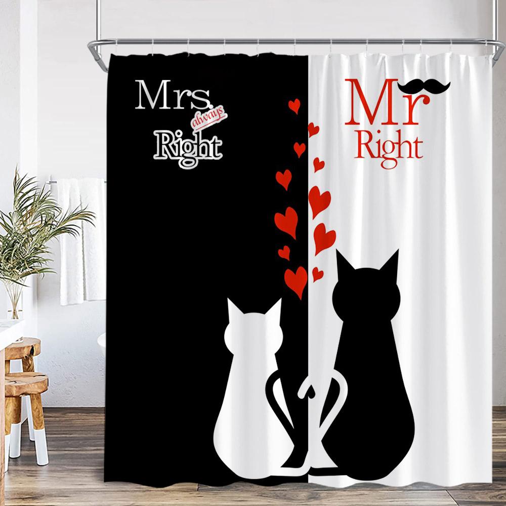 Crown Queen And King Shower Curtain Black White Pink Red Background Mrs Mr Right Couple Lover Polyester Bathing Decor Curtain
