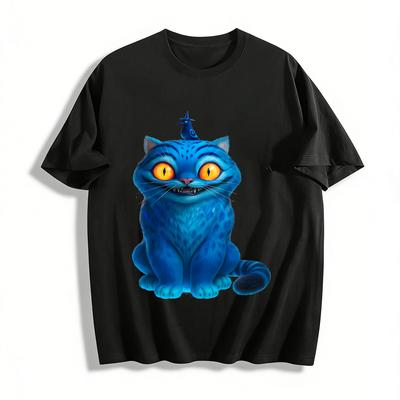 Weird Blue Cat Graphic Casual T-shirt Niche Animal Print Loose Unisex Top Pure Cotton T-shirt