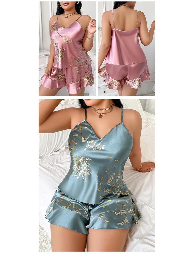 Plus Size European & American Ice Silk Print Pajamas - Fashionable Casual Homewear for Women