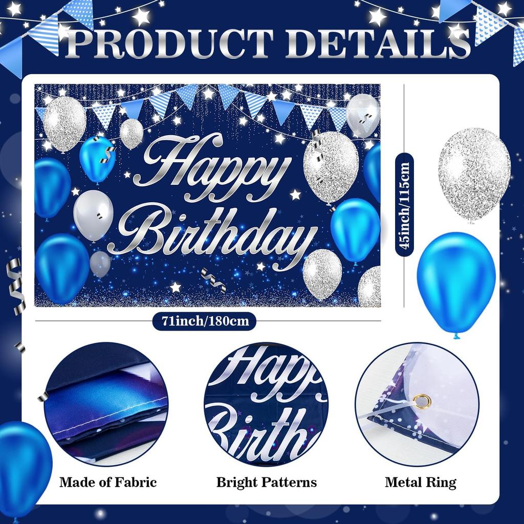 Happy Birthday Banner - Birthday Decorations for Men Women Boys Girls Blue Sliver Birthday Party Banners Welcome Happy Birthday Background Sign Theme