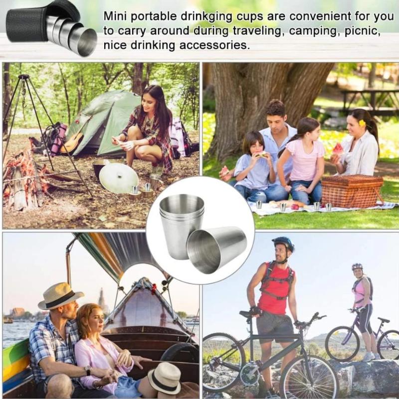 4pcs/Set Stainless Steel Glass Set Outdoor Small Drinkware Set Travel Picnic Cup Set 30/70/170ml