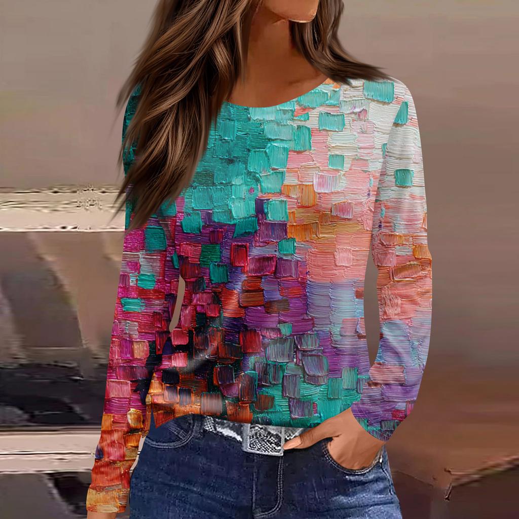 Women's Fashion Casual Slit Hem Round Neck Long Sleeve Loose  Printed T-Shirt Ladies Top