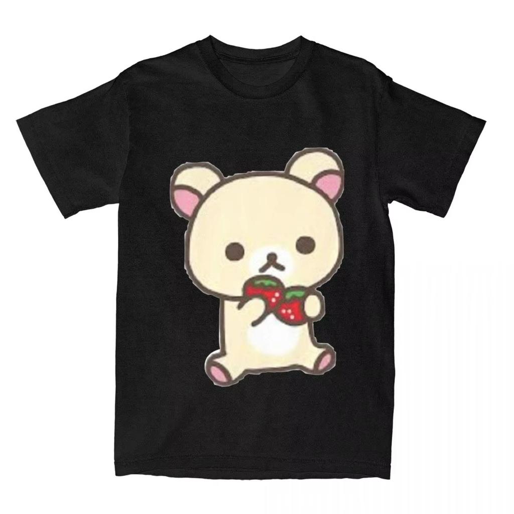 Fritid Rilakkuma Jordbær T-skjorter Menn Kvinner Rund Hals 100% Bomull T-skjorter Dyr Bjørn Kortermet T-skjorter Pluss Størrelse Topper