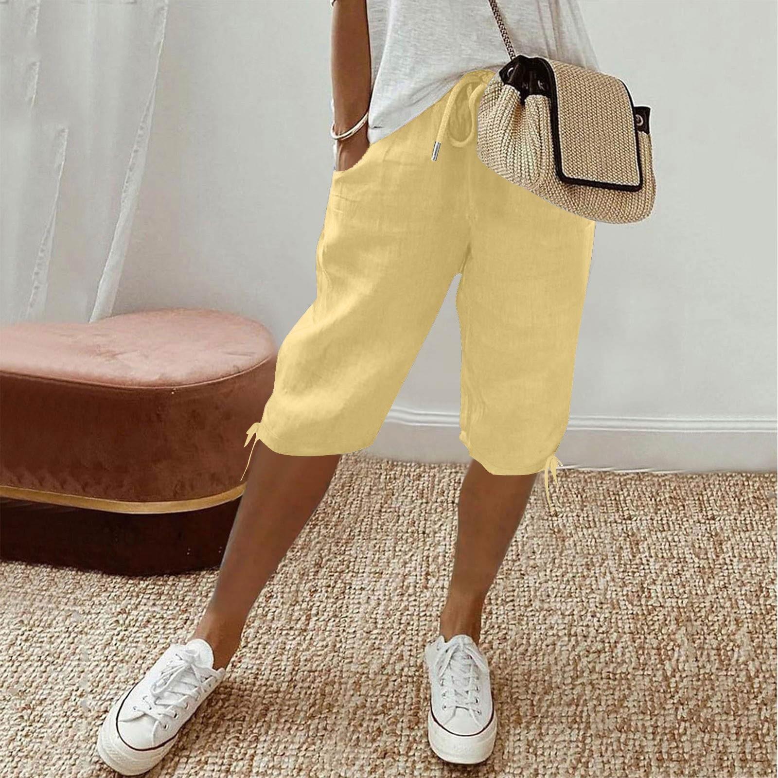 

Women s Casual Pockets Elastic Drawstring Casual Pants Leg Drawstring Five Pants Pant XL жовтий