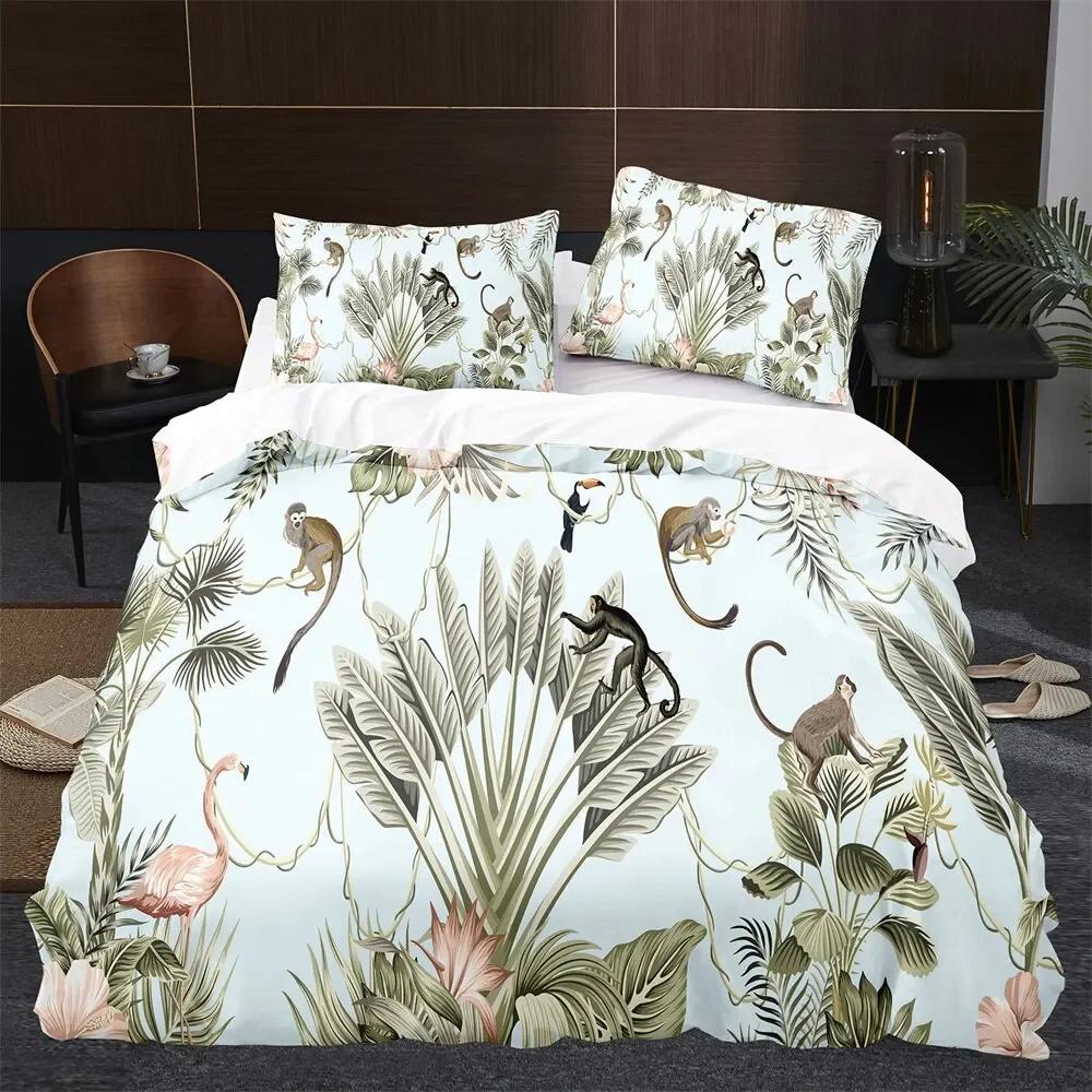 Affe Bettbezug King Queen Lieblich Cartoon Tier Bettwäsche Set für Kinder Junge Mädchen Grün Dschungel Baum 2/3tlg. Polyester Steppdeckenbezug