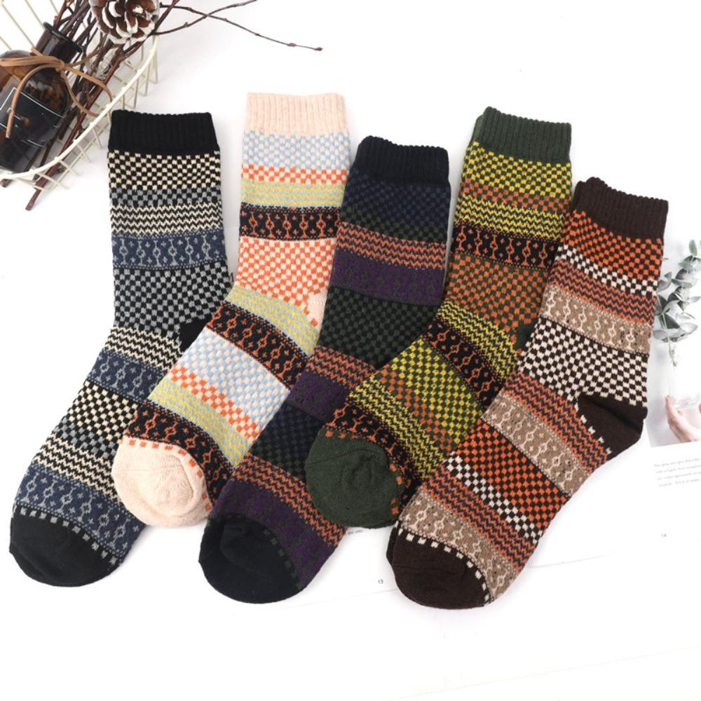 5Pairs Mid-Calf Cotton Socks Men Stripes Wool Tube Socks Thicken Socks Winter Christmas Gifts