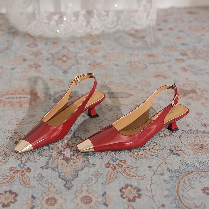 Pantofi cu toc înalt Baotou din piele lăcuită roșie pentru primăvara/vara 2024 - Sandale șic pentru navetă