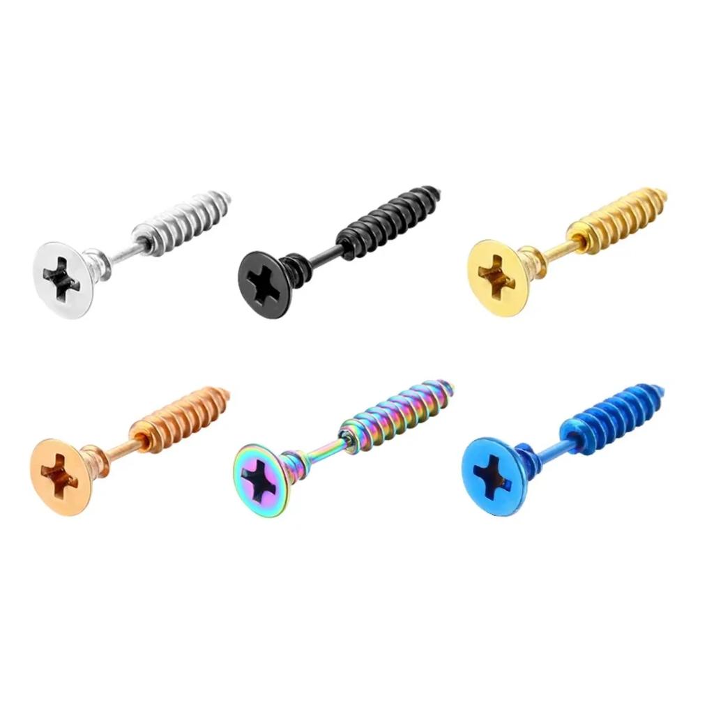 2Pcs Women Men Earrings Stainless Steel Piercing Nail Screw Stud Earrings Punk Rock Helix Ear Piercings Spiral Zircon