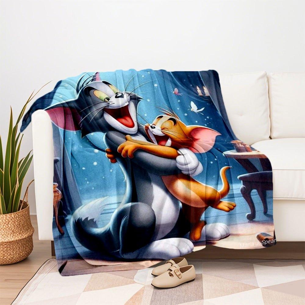 "Tom & Jerry Hug: Classic Cartoon Art Print"Blanket Flannel Throw Blanket for Sofa, Bed, Travel, Camping, Office