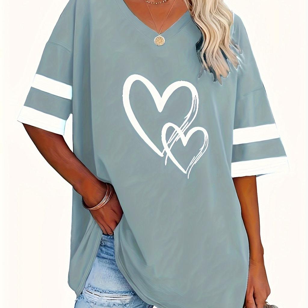 Spring and Summer New Love V-neck Printed Short Sleeved T-shirt for Women, Slimming, Breathable and Fashionable