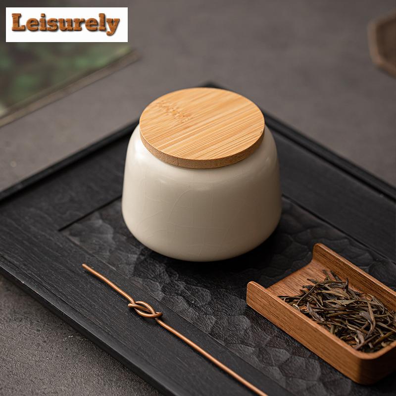 Cream Ru Kiln Porcelain Tea Box Organizer Moisture-proof Luxury Storage Tank Containers Tea Caddy Chinese Tea Set Decoration